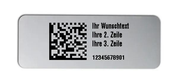 Universaletiketten Material:Polyester-Folie Silberoptik matt Größe:40x15mm Kopfzeile:"Ihr Wunschtext" Barcode:DataMatrix Stellenanzahl:11-stellig Ausführung:1 Etikette pro Nummer Menge:500