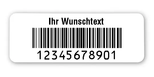 Universaletiketten Material:Patch Größe:40x15mm Kopfzeile:"Ihr Wunschtext" Barcode:128B Stellenanzahl:11-stellig Ausführung:1 Etikette pro Nummer Menge:1000