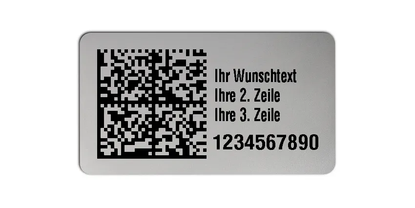 Universaletiketten Material:Polyester-Folie Silberoptik matt Größe:45x25mm Kopfzeile:"Ihr Wunschtext" Barcode:DataMatrix Stellenanzahl:10-stellig Ausführung:1 Etikette pro Nummer Menge:500