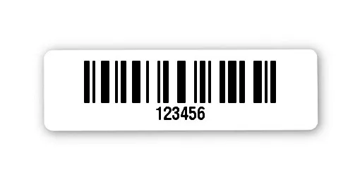 Archivierungsetiketten Material:Polyethylen-Folie hochglänzend weiß Größe:31x9mm Kopfzeile:"ohne" Barcode:128C Stellenanzahl:6-stellig Sonderetikett:Postfix 2 Menge:1000