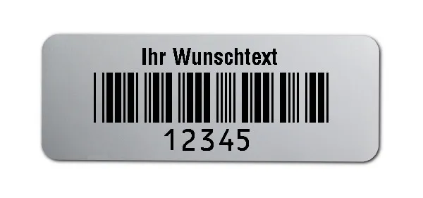 Prüfetiketten Material:Polyester-Folie Silberoptik matt Größe:40x15mm Kopfzeile:"Ihr Wunschtext" Barcode:Code 39 ohne Prüfziffer Stellenanzahl:5-stellig Ausführung:1 Etikette pro Nummer Menge:500