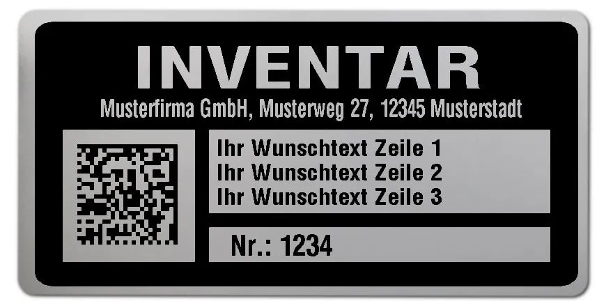 Inventaretiketten Material:Polyester-Folie Silberoptik matt Größe:68x34mm Kopfzeile:"Ihr Wunschtext" Barcode:DataMatrix Stellenanzahl:4-stellig Menge:1000