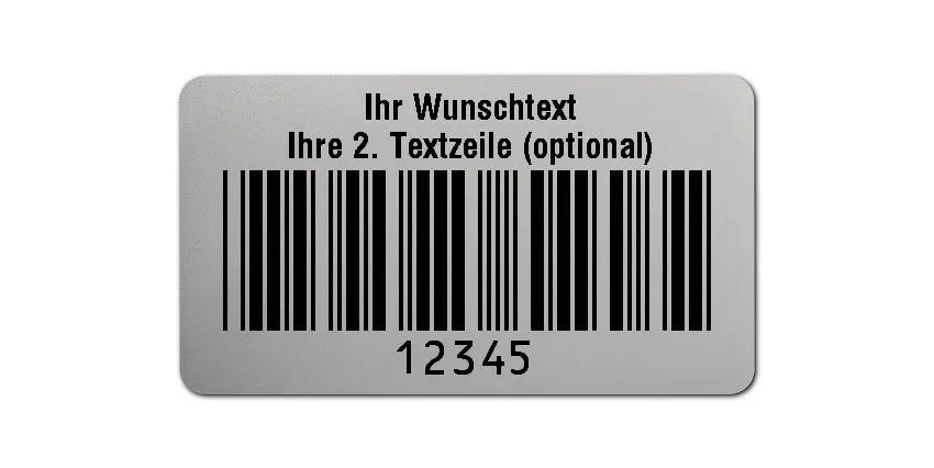 Universaletiketten Material:Folie silber matt Größe:45x25mm Kopfzeile:"Ihr Wunschtext" Barcode:Code 39 ohne Prüfziffer Stellenanzahl:5-stellig Ausführung:2 Etiketten pro Nummer Menge:1000