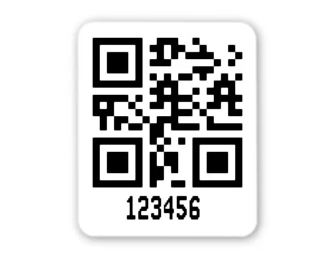 Produktbild:Universaletiketten Material:Folie weiß Größe:26x22mm Kopfzeile:"ohne" Barcode:QR Stellenanzahl:6-stellig Ausführung:2 Etiketten pro Nummer Etiketten je Rolle:500
