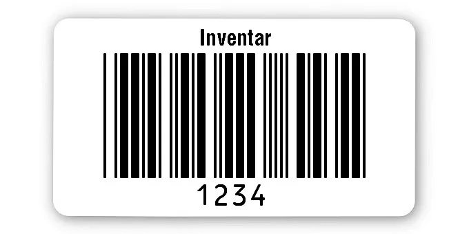 Inventaretiketten Universal Material:Folie weiß Größe:45x25mm Kopfzeile:"Inventar" Barcode:Code 39 ohne Prüfziffer Stellenanzahl:4-stellig Ausführung:1 Etikett pro Nummer Etiketten je Rolle:500