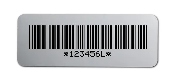 Universaletiketten Material:Polyester-Folie Silberoptik matt Größe:40x15mm Kopfzeile:"ohne" Barcode:Code 39 mit Prüfziffer Stellenanzahl:7-stellig Ausführung:1 Etikette pro Nummer Menge:1000