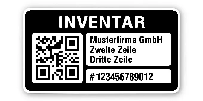 Inventaretiketten Material:Polyethylen-Folie hochglänzend weiß Größe:45x25mm Kopfzeile:"Ihr Wunschtext" Barcode:QR Stellenanzahl:12-stellig Menge:500
