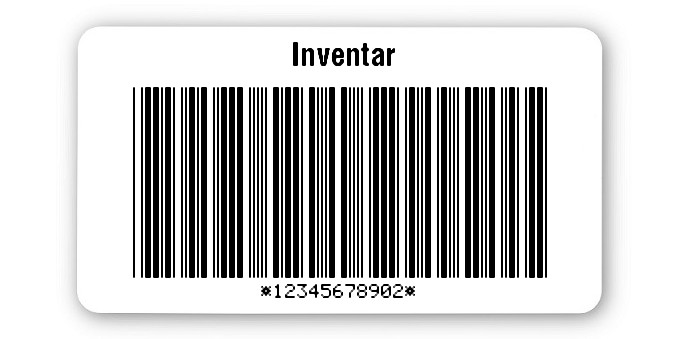 Inventaretiketten Universal Material:Folie weiß Größe:45x25mm Kopfzeile:"Inventar" Barcode:Code 39 mit Prüfziffer Stellenanzahl:11-stellig Ausführung:1 Etikett pro Nummer Etiketten je Rolle:500
