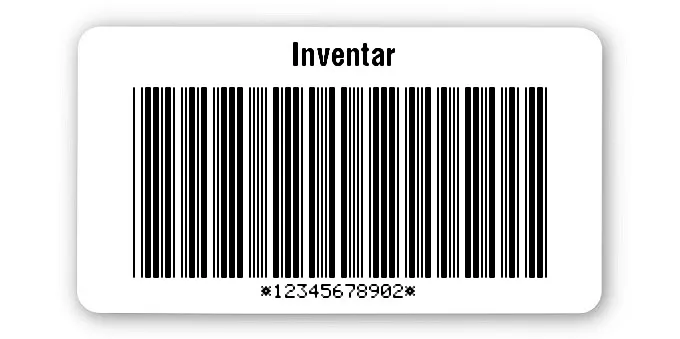 Inventaretiketten Universal Material:Folie weiß Größe:45x25mm Kopfzeile:"Inventar" Barcode:Code 39 mit Prüfziffer Stellenanzahl:11-stellig Ausführung:1 Etikett pro Nummer Etiketten je Rolle:500