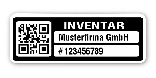 Inventaretiketten Material:Polyethylen-Folie hochglänzend weiß Größe:40x15mm Kopfzeile:"Ihr Wunschtext" Barcode:QR Stellenanzahl:9-stellig Menge:500