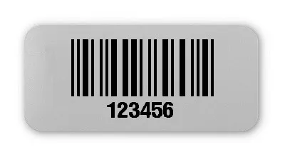 Universaletiketten Material:Folie silber matt Größe:26x12mm Kopfzeile:"ohne" Barcode:2a5 interleaved Stellenanzahl:6-stellig Ausführung:3 Etiketten pro Nummer Menge:300
