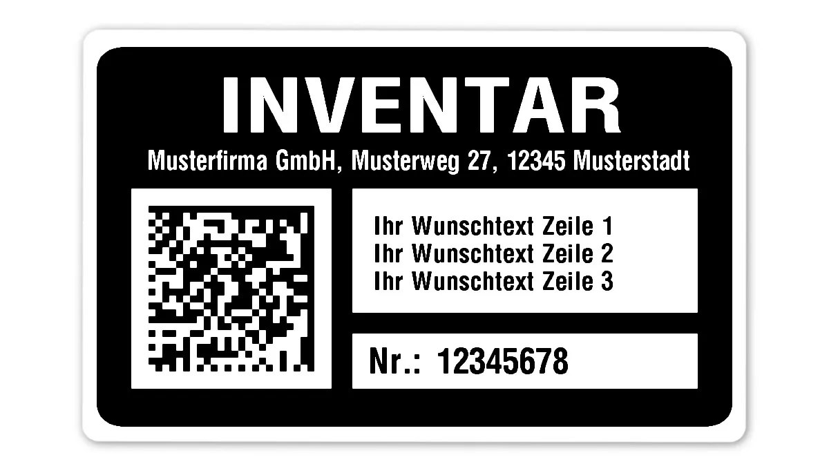Inventaretiketten Material:Polyethylen-Folie hochglänzend weiß Größe:80x50mm Kopfzeile:"Ihr Wunschtext" Barcode:DataMatrix Stellenanzahl:8-stellig Menge:1000