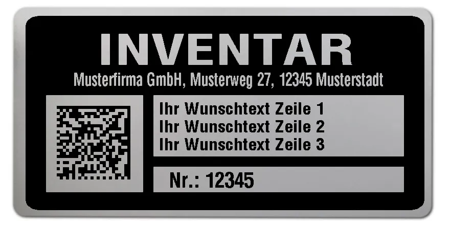 Inventaretiketten Material:Polyester-Folie Silberoptik matt Größe:68x34mm Kopfzeile:"Ihr Wunschtext" Barcode:DataMatrix Stellenanzahl:5-stellig Menge:1000