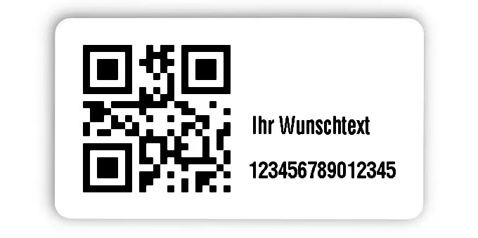 Inventaretiketten Universal Material:Polyethylen-Folie hochglänzend weiß Größe:45x25mm Kopfzeile:"Ihr Wunschtext" Barcode:QR Stellenanzahl:15-stellig Menge:1000