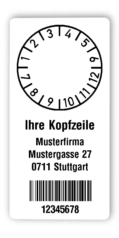 Prüfplakettenträger Material:Polyethylen-Folie hochglänzend weiß Größe:68x34mm Kopfzeile:"Ihr Wunschtext" Barcode:128B Stellenanzahl:8-stellig Ausführung:1 Etikette pro Nummer Menge:300