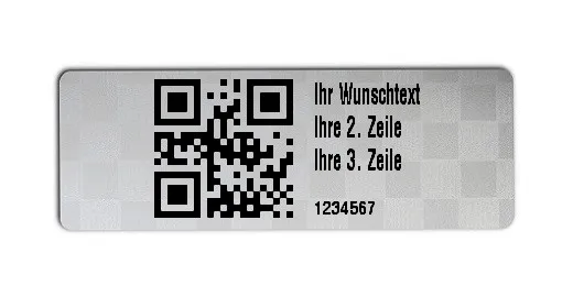 Universaletiketten Material:Polyester-Folie Silberoptik Siegeletikette Größe:36x13mm Kopfzeile:"Ihr Wunschtext" Barcode:QR Stellenanzahl:7-stellig Ausführung:1 Etikette pro Nummer Menge:500