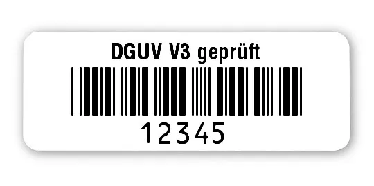 Prüfetiketten Material:Polyethylen-Folie hochglänzend weiß Größe:40x15mm Kopfzeile:"DGUV V3 geprüft" Barcode:Code 39 ohne Prüfziffer Stellenanzahl:5-stellig Ausführung:1 Etikette pro Nummer Menge:500