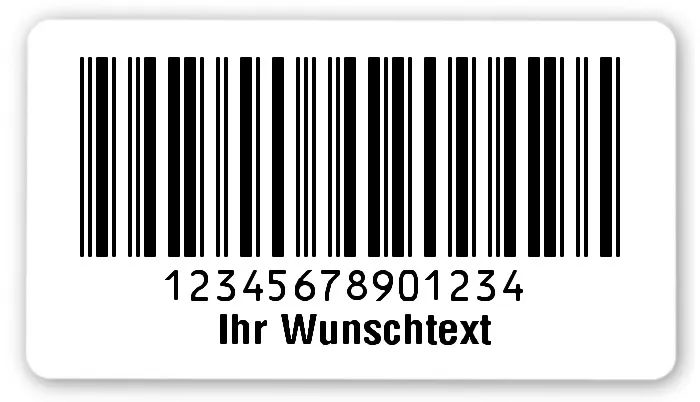 Sonderetiketten Material:Polyethylen-Folie hochglänzend weiß Größe:54x30mm Kopfzeile:"Ihr Wunschtext" Barcode:2a5 interleaved Stellenanzahl:14-stellig Ausführung:1 Etikette pro Nummer Menge:1000