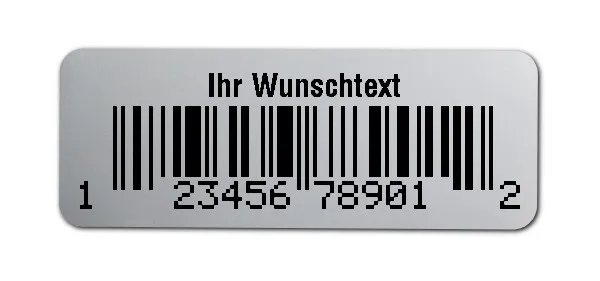 EAN Etiketten Material:Polyester-Folie Silberoptik matt Größe:40x15mm Produkt:EAN Etiketten Kopfzeile:"Ihr Wunschtext" Größe:40x15mm Barcode:UPC A Stellenanzahl:12-stellig Ausführung:1 Etikette pro Nummer Menge:100