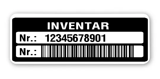 Inventaretiketten Material:Polyethylen-Folie hochglänzend weiß Größe:40x15mm Kopfzeile:"Inventar" Barcode:128B Stellenanzahl:11-stellig Menge:500