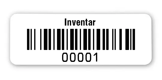 Universaletiketten Material:Folie hochglänzend weiß Größe:40x15mm Kopfzeile:"Inventar" Barcode:128B Stellenanzahl:5-stellig Ausführung:1 Etikette pro Nummer Menge:1000