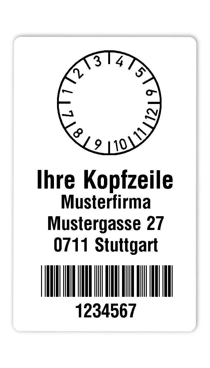 Prüfplakettenträger Material:Polyethylen-Folie hochglänzend weiß Größe:80x50mm Kopfzeile:"Ihr Wunschtext" Barcode:Code 39 ohne Prüfziffer Stellenanzahl:7-stellig Ausführung:1 Etikette pro Nummer Menge:300