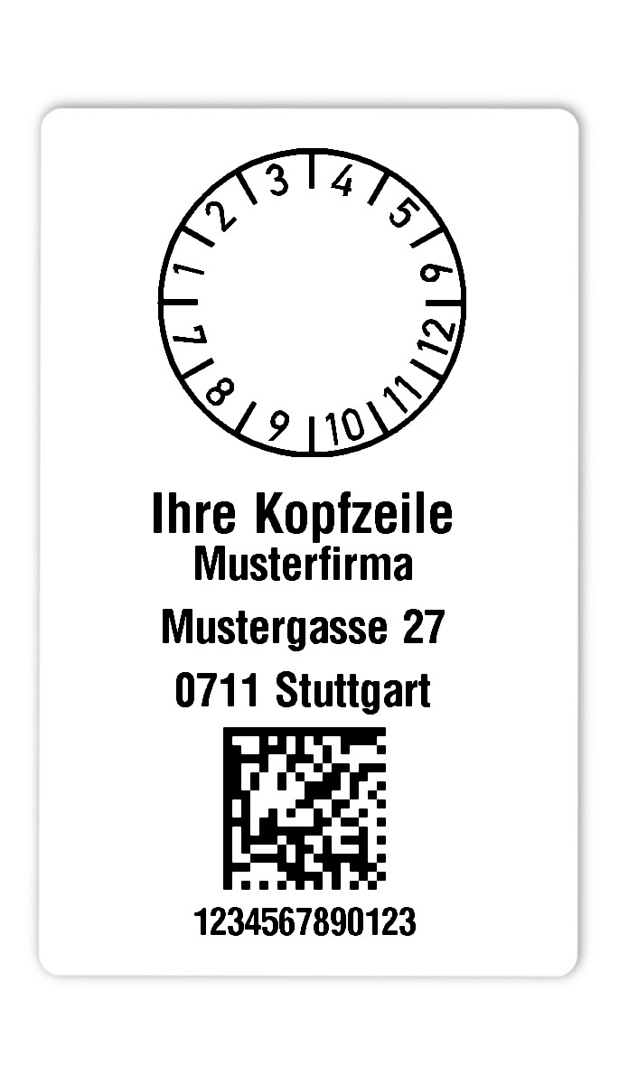 300x Prüfplaketten Folie weiß, 80x50mm, DataMatrix 13-stellig ff, Ihr Wunschtext, 1 Etikett pro Nummer