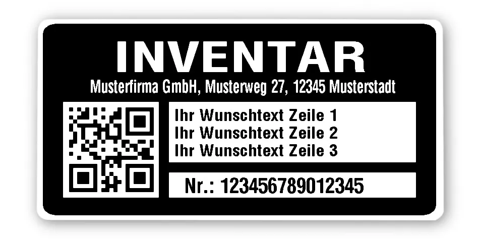 Inventaretiketten Material:Polyethylen-Folie hochglänzend weiß Größe:68x34mm Kopfzeile:"Ihr Wunschtext" Barcode:QR Stellenanzahl:15-stellig Menge:100