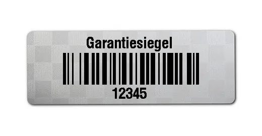 Siegeletiketten Material:Polyester-Folie Silberoptik Siegeletikette Größe:36x13mm Kopfzeile:"Garantiesiegel" Barcode:128B Stellenanzahl:5-stellig Menge:1000