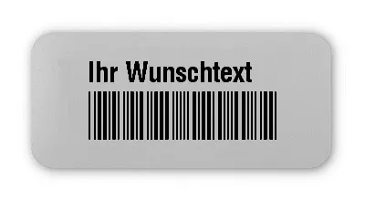 Universaletiketten Material:Polyester-Folie Silberoptik matt Größe:26x12mm Kopfzeile:"Ihr Wunschtext" Barcode:Code 39 mit Prüfziffer Stellenanzahl:7-stellig Ausführung:1 Etikette pro Nummer Menge:1000