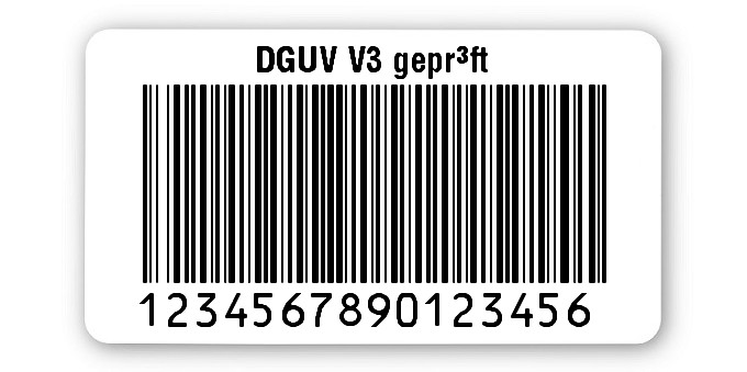 500x Prüfetiketten Folie weiß, 45x25mm, 128B 16-stellig ff, DGUV V3 geprüft, 1 Etikett pro Nummer