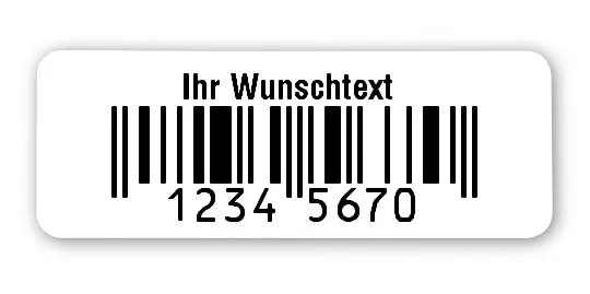 EAN Etiketten Material:Polyethylen-Folie hochglänzend weiß Größe:40x15mm Produkt:EAN Etiketten Kopfzeile:"Ihr Wunschtext" Größe:40x15mm Barcode:UPC E Stellenanzahl:7-stellig Ausführung:1 Etikette pro Nummer Menge:1000