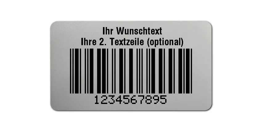 Universaletiketten Material:Polyester-Folie Silberoptik matt Größe:45x25mm Kopfzeile:"Ihr Wunschtext" Barcode:2a5 mit Prüfziffer Stellenanzahl:10-stellig Ausführung:1 Etikette pro Nummer Menge:1000