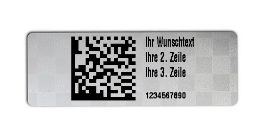 Universaletiketten Material:Siegeletikett Größe:36x13mm Kopfzeile:"Ihr Wunschtext" Barcode:DataMatrix Stellenanzahl:10-stellig Ausführung:4 Etiketten pro Nummer Etiketten je Rolle:1000