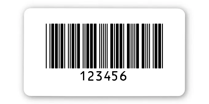 Universaletiketten Material:Polyethylen-Folie hochglänzend weiß Größe:45x25mm Kopfzeile:"ohne" Barcode:Code 39 ohne Prüfziffer Stellenanzahl:6-stellig Ausführung:1 Etikette pro Nummer Menge:100