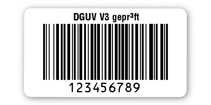 500x Prüfetiketten Folie weiß, 45x25mm, 128B 9-stellig ff, DGUV V3 geprüft, 1 Etikett pro Nummer