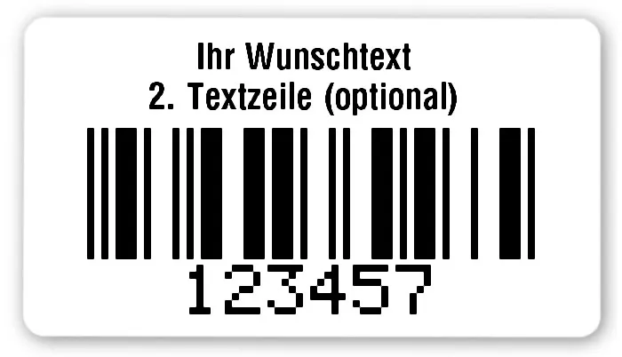 Inventaretiketten Universal Material:Folie weiß Größe:54x30mm Kopfzeile:"Ihr Wunschtext" Barcode:2a5 mit Prüfziffer Stellenanzahl:6-stellig Ausführung:1 Etikett pro Nummer Etiketten je Rolle:500