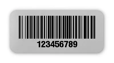 Universaletiketten Material:Folie silber matt Größe:26x12mm Kopfzeile:"ohne" Barcode:128B Stellenanzahl:9-stellig Ausführung:4 Etiketten pro Nummer Menge:1000