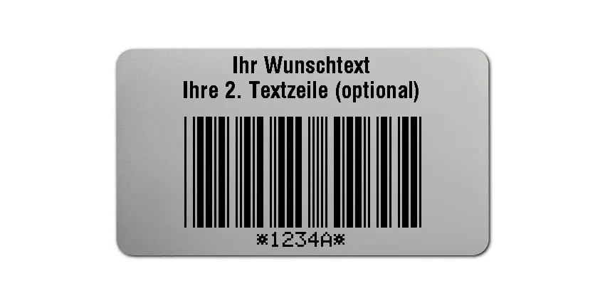 Universaletiketten Material:Folie silber matt Größe:45x25mm Kopfzeile:"Ihr Wunschtext" Barcode:Code 39 mit Prüfziffer Stellenanzahl:5-stellig Ausführung:2 Etiketten pro Nummer Menge:500