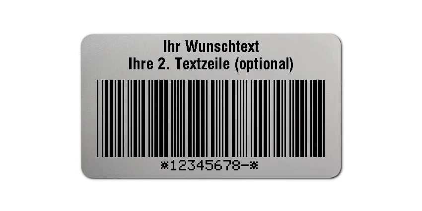Universaletiketten Material:Polyester-Folie Silberoptik matt Größe:45x25mm Kopfzeile:"Ihr Wunschtext" Barcode:Code 39 mit Prüfziffer Stellenanzahl:9-stellig Ausführung:1 Etikette pro Nummer Menge:1000