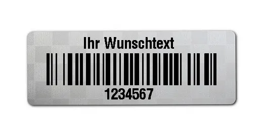 Universaletiketten Material:Polyester-Folie Silberoptik Siegeletikette Größe:36x13mm Kopfzeile:"Ihr Wunschtext" Barcode:128B Stellenanzahl:7-stellig Ausführung:1 Etikette pro Nummer Menge:1000