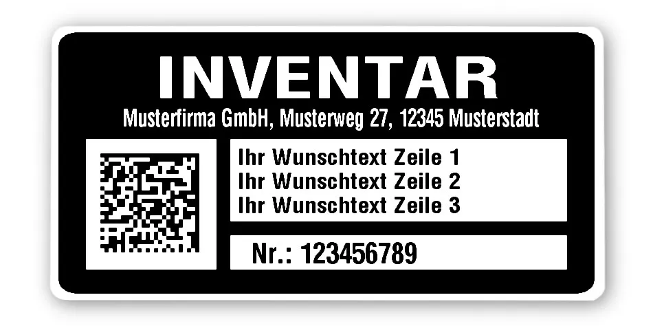 Inventaretiketten Material:Polyethylen-Folie hochglänzend weiß Größe:68x34mm Kopfzeile:"Ihr Wunschtext" Barcode:DataMatrix Stellenanzahl:9-stellig Menge:100