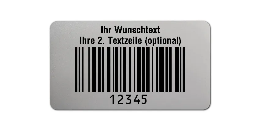 Universaletiketten Material:Folie silber matt Größe:45x25mm Kopfzeile:"Ihr Wunschtext" Barcode:128B Stellenanzahl:5-stellig Ausführung:3 Etiketten pro Nummer Menge:300