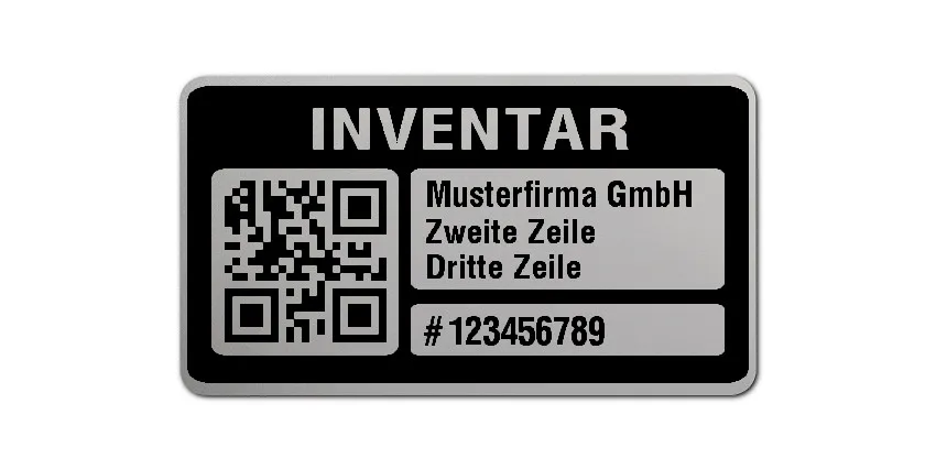Inventaretiketten Material:Polyester-Folie Silberoptik matt Größe:45x25mm Kopfzeile:"Ihr Wunschtext" Barcode:QR Stellenanzahl:9-stellig Menge:100