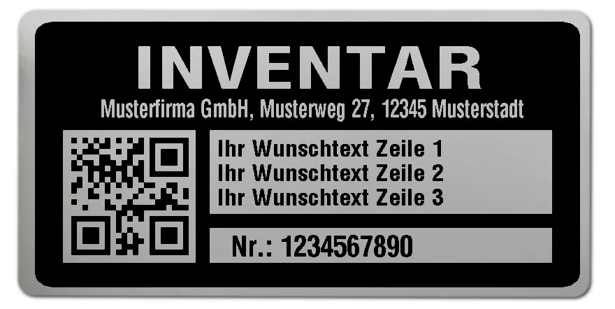 Inventaretiketten Material:Polyester-Folie Silberoptik matt Größe:68x34mm Kopfzeile:"Ihr Wunschtext" Barcode:QR Stellenanzahl:10-stellig Menge:500