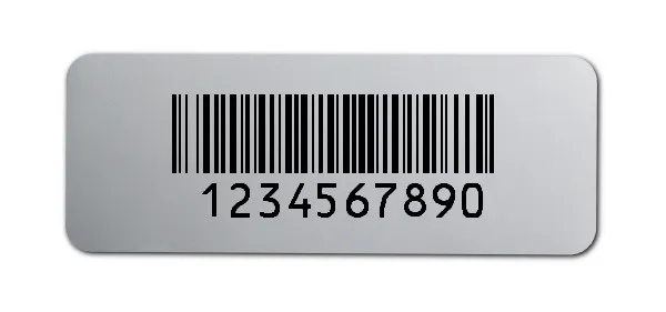 Universaletiketten Material:Polyester-Folie Silberoptik matt Größe:40x15mm Kopfzeile:"ohne" Barcode:128B Stellenanzahl:10-stellig Ausführung:1 Etikette pro Nummer Menge:100
