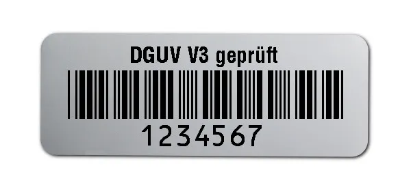 Prüfetiketten Material:Polyester-Folie Silberoptik matt Größe:40x15mm Kopfzeile:"DGUV V3 geprüft" Barcode:Code 39 ohne Prüfziffer Stellenanzahl:7-stellig Ausführung:1 Etikette pro Nummer Menge:500