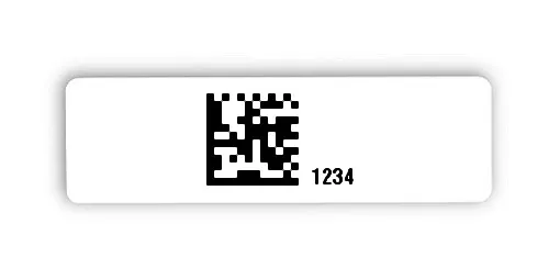 Universaletiketten Material:Polyethylen-Folie hochglänzend weiß Größe:31x9mm Kopfzeile:"ohne" Barcode:DataMatrix Stellenanzahl:4-stellig Ausführung:1 Etikette pro Nummer Menge:500