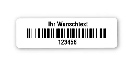 Universaletiketten Material:Polyethylen-Folie hochglänzend weiß Größe:31x9mm Kopfzeile:"Ihr Wunschtext" Barcode:128B Stellenanzahl:6-stellig Ausführung:1 Etikette pro Nummer Menge:1000