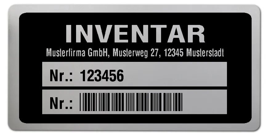 Inventaretiketten Material:Polyester-Folie Silberoptik matt Größe:68x34mm Kopfzeile:"Ihr Wunschtext" Barcode:Code 39 ohne Prüfziffer Stellenanzahl:6-stellig Ausführung:1 Etikette pro Nummer Menge:100